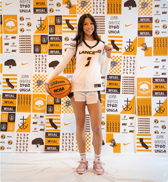 Image of basketball player Estella Guido on a patterned WCAL backgrounf